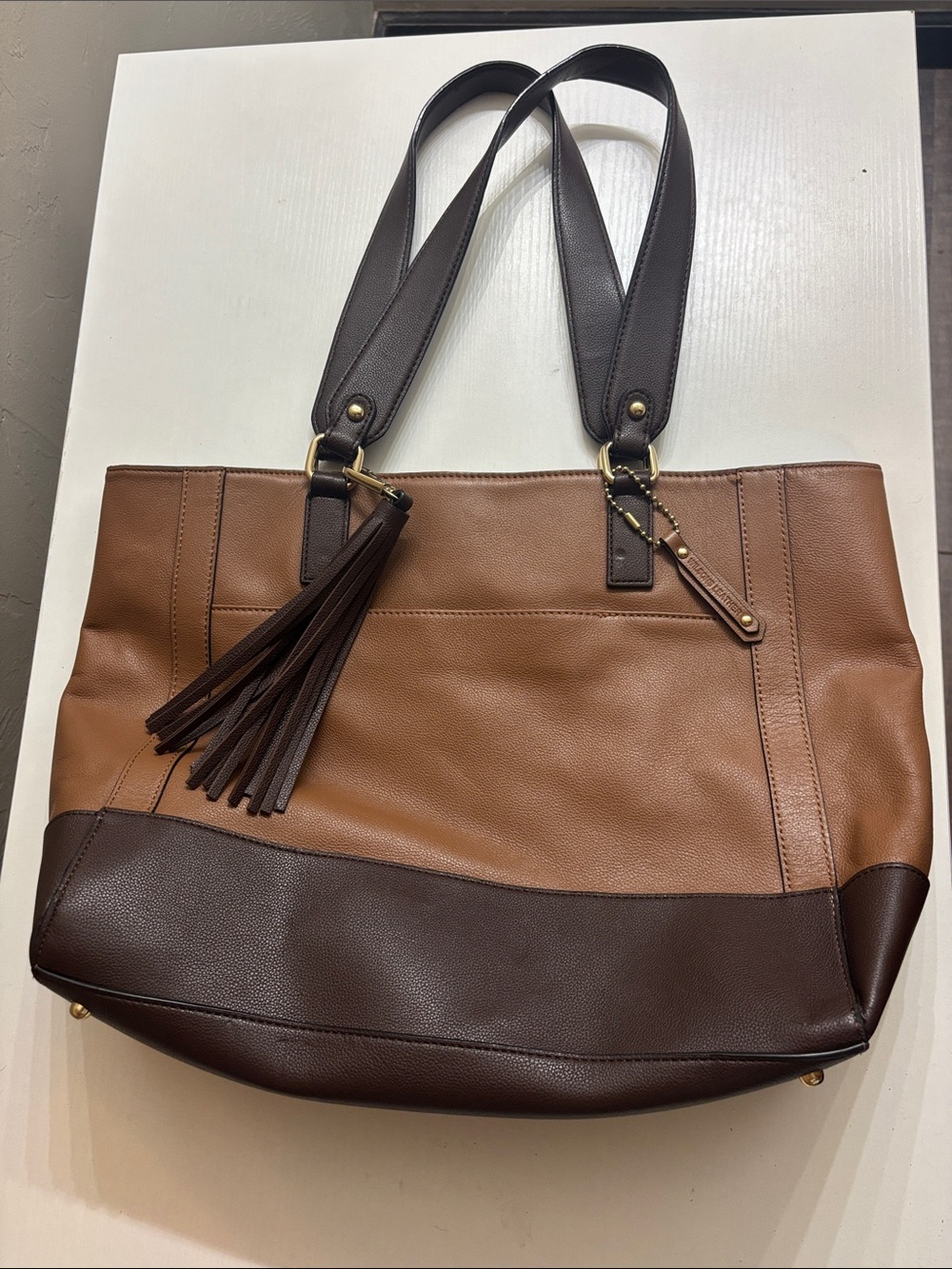 Wilsons Leather Two-Tone Brown Tan Tote with Tassel